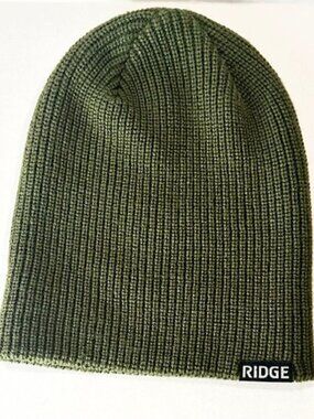 The Ridge Unisex Beanie Ribbed Light Weight Logo Cuff 100% Acrylic Green